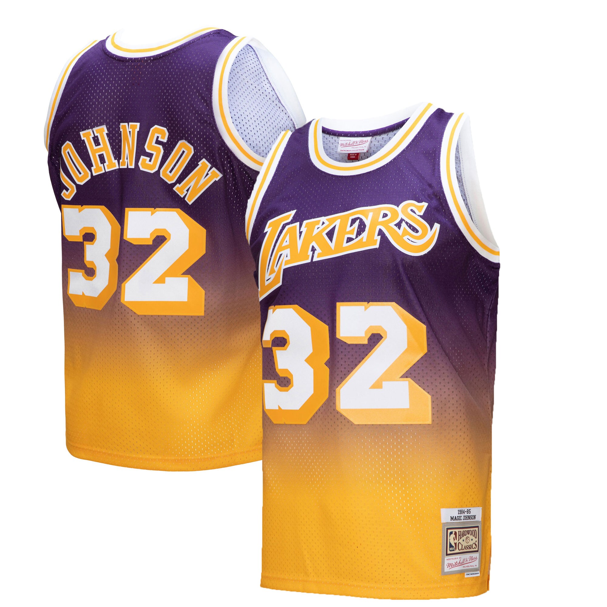 Magic Johnson Los Angeles Lakers Mitchell & Ness 1984\/85 Hardwood Classics Fadeaway Swingman Player Jersey - Gold\/Purple cheap jerseys for sale - CheapJerseys.Shop