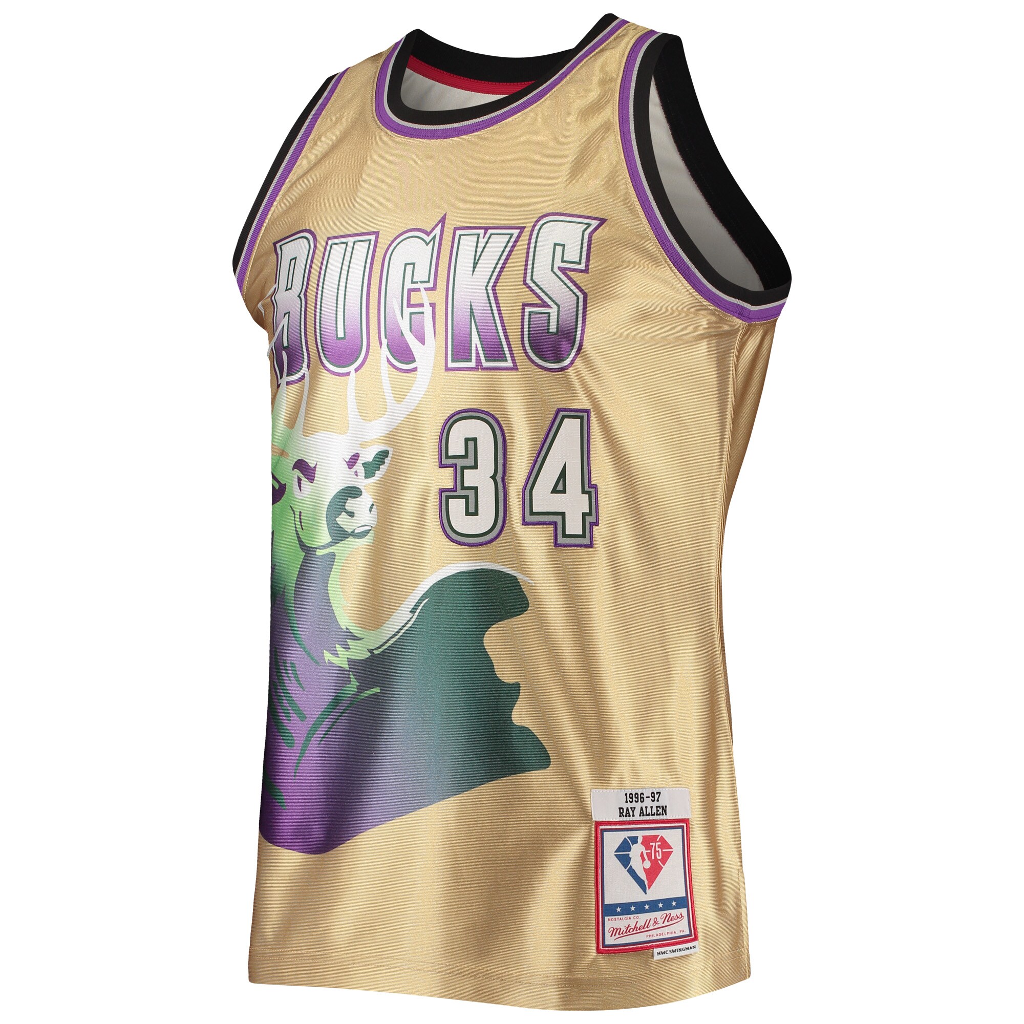 Ray Allen Milwaukee Bucks Mitchell & Ness 75th Anniversary 1996\/97 Hardwood Classics Swingman Jersey - Gold cheap jerseys for sale - CheapJerseys.Shop