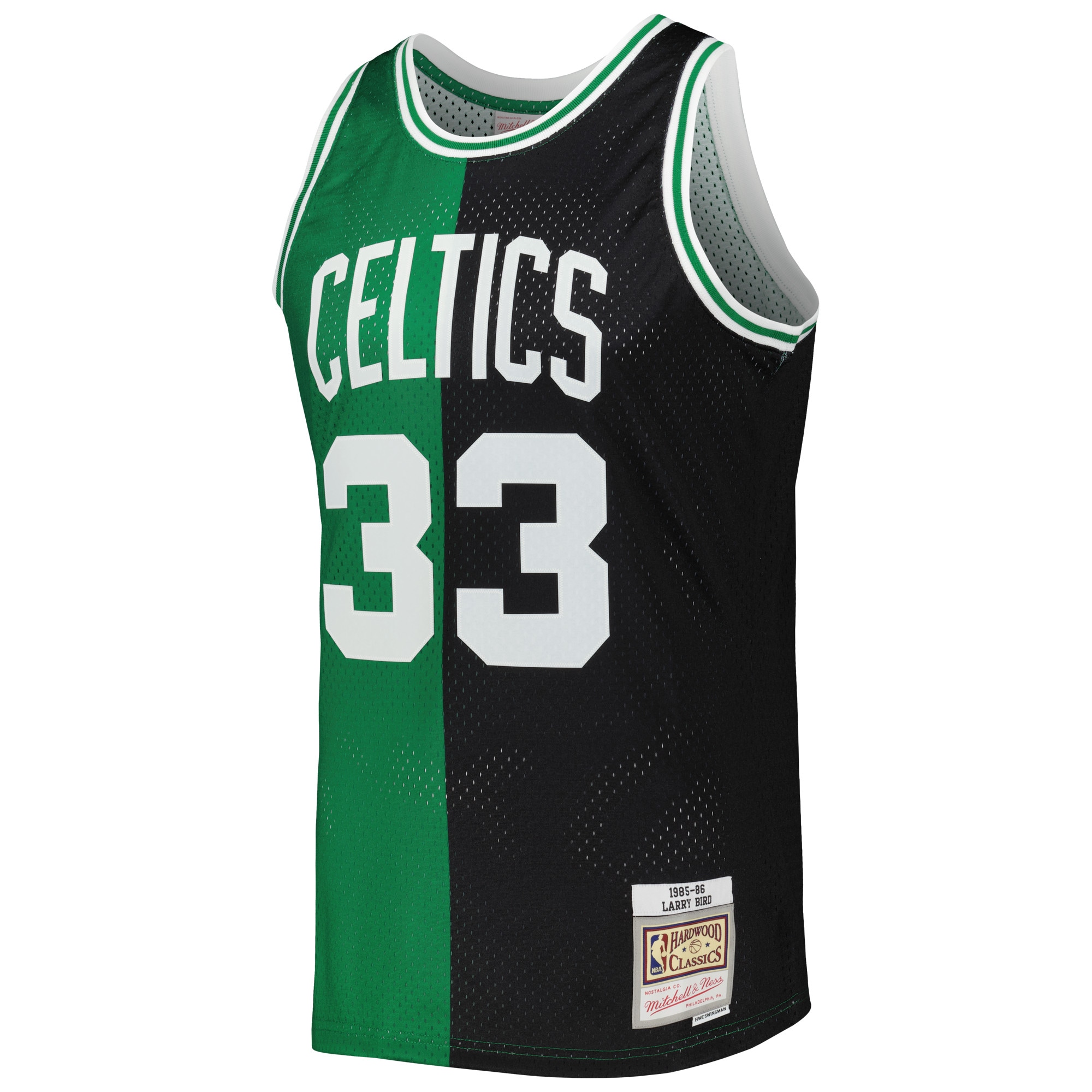 Larry Bird Boston Celtics Mitchell & Ness Hardwood Classics 1985\/86 Split Swingman Jersey - Black\/Kelly Green cheap jerseys for sale - CheapJerseys.Shop