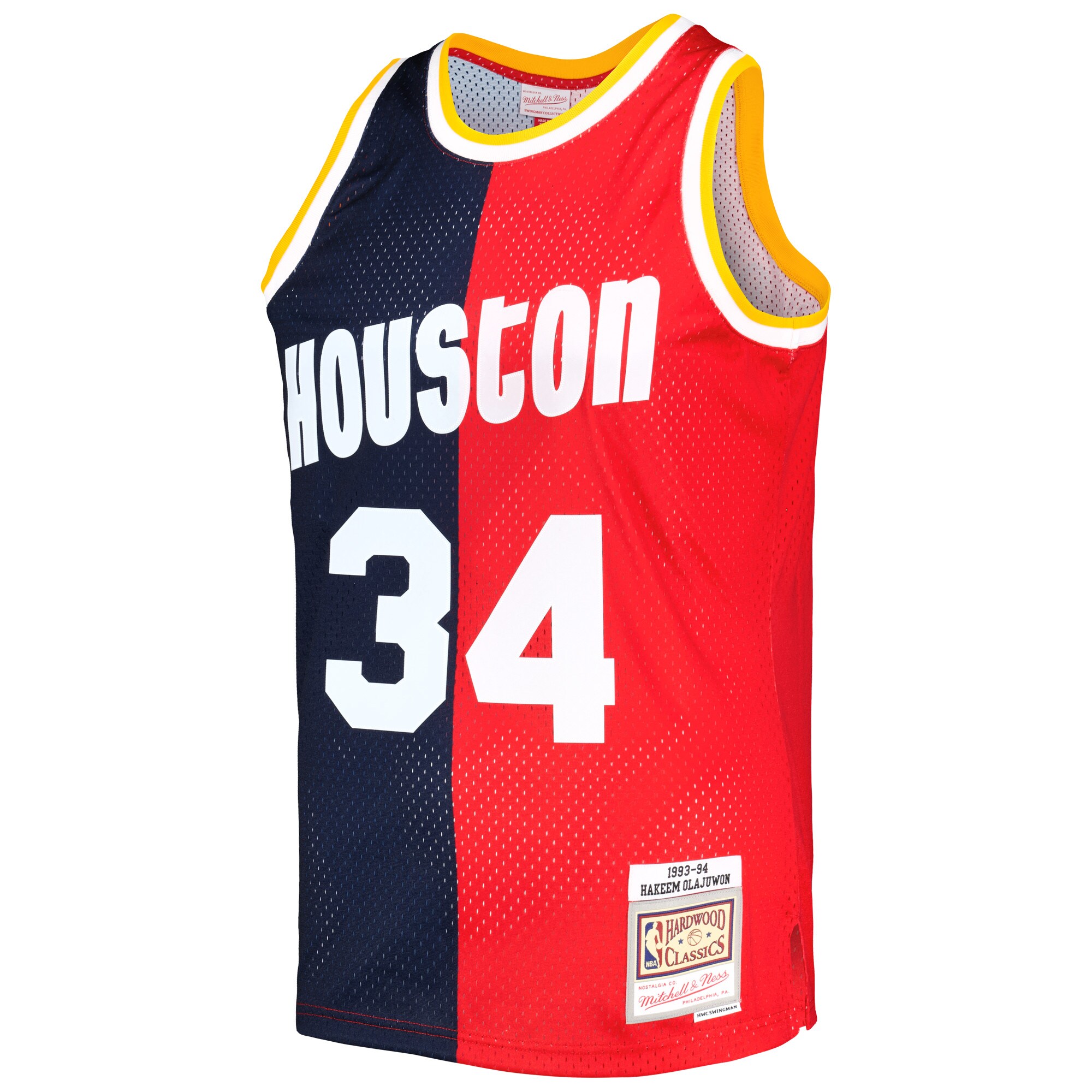 Hakeem Olajuwon Houston Rockets Mitchell & Ness Hardwood Classics 1993\/94 Split Swingman Jersey - Navy\/Red cheap jerseys for sale - CheapJerseys.Shop