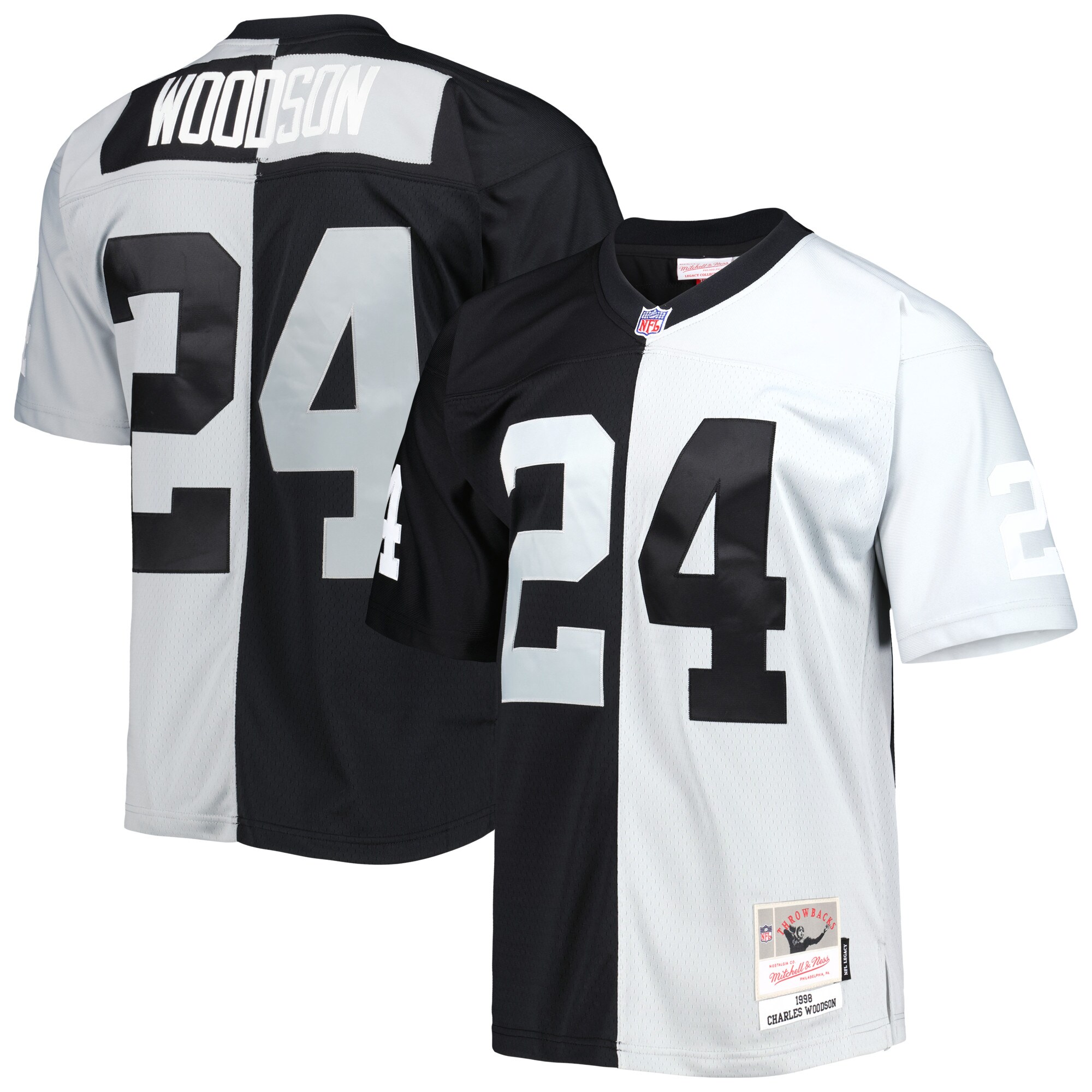 Charles Woodson Las Vegas Raiders Mitchell & Ness 1998 Split Legacy Replica Jersey - Black\/Silver cheap jerseys for sale - CheapJerseys.Shop