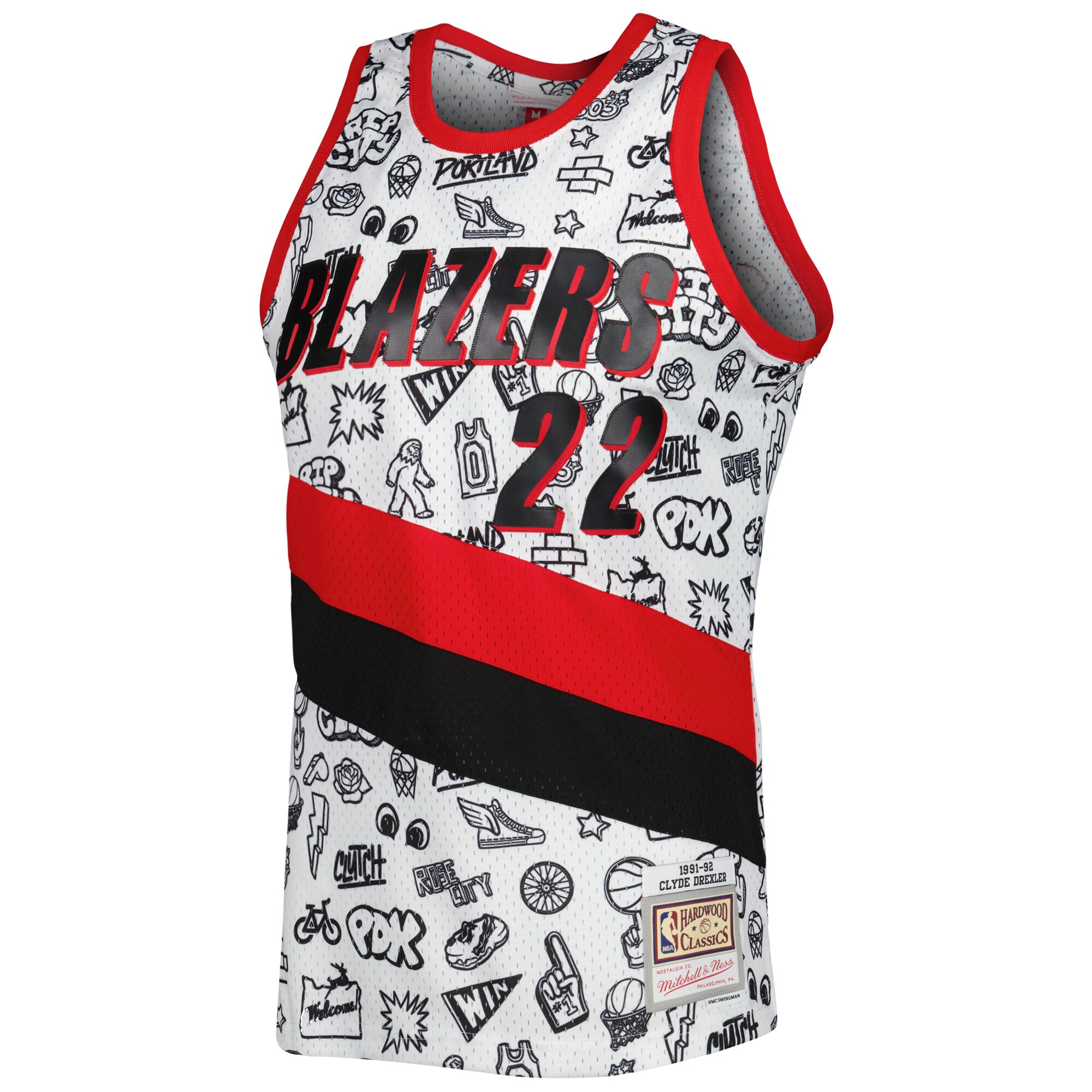 Clyde Drexler Portland Trail Blazers Mitchell & Ness 1991-92 Hardwood Classics Doodle Swingman Jersey - White cheap jerseys for sale - CheapJerseys.Shop