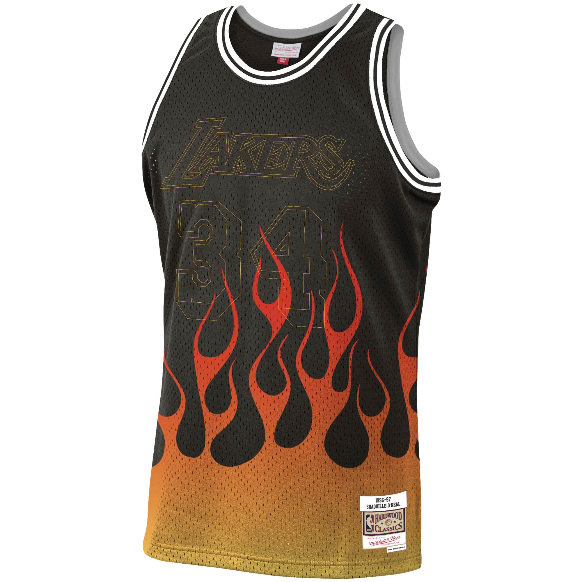 Shaquille O'Neal Los Angeles Lakers Mitchell & Ness 1996-97 Hardwood Classics Flames Swingman Jersey - Black cheap jerseys for sale - CheapJerseys.Shop