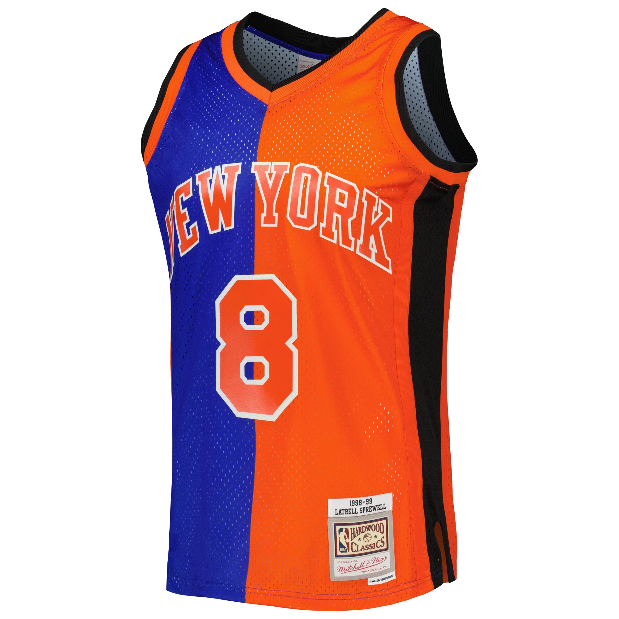 Latrell Sprewell New York Knicks Mitchell & Ness Hardwood Classics 1998\/99 Split Swingman Jersey - Blue\/Orange cheap jerseys for sale - CheapJerseys.Shop
