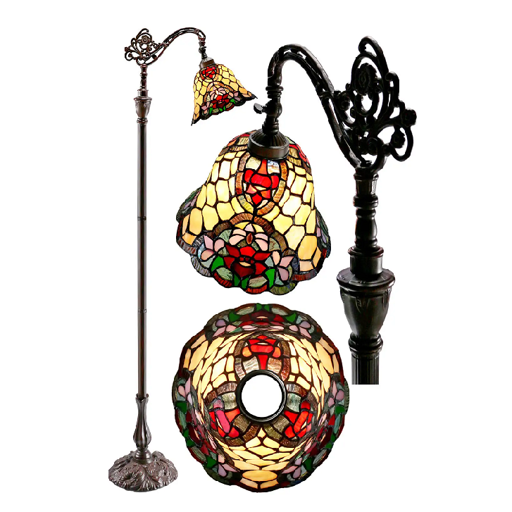 Red Camillia Style Leadlight Stained Glass Bridge Arm Floor Lamp