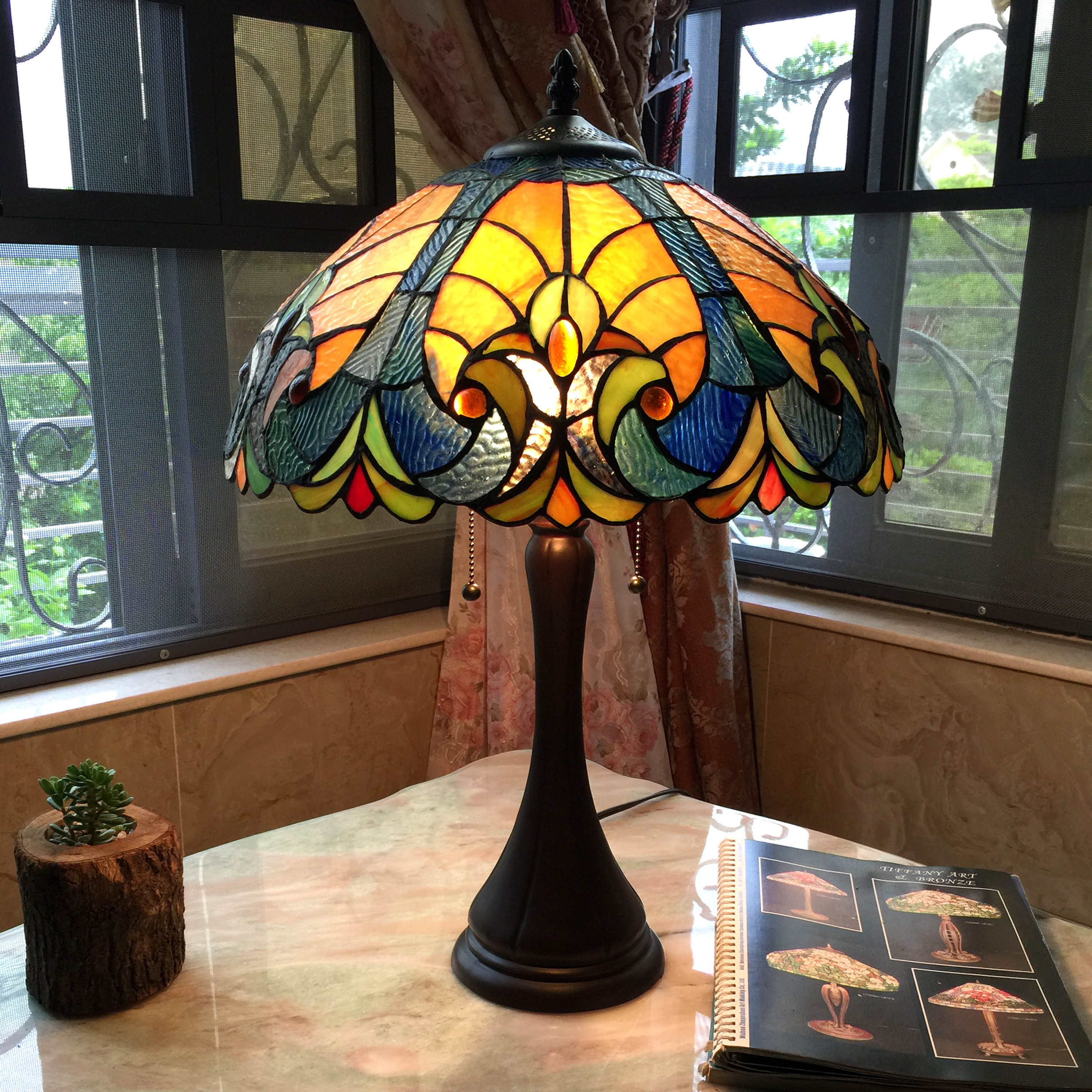 Antique Baroque 2-Light Stained Glass Table Lamp 6 Color Choices