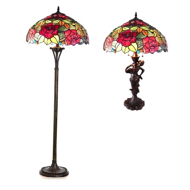 Floral 2-Light Stained Glass Table Lamp+Floor Lamp Set