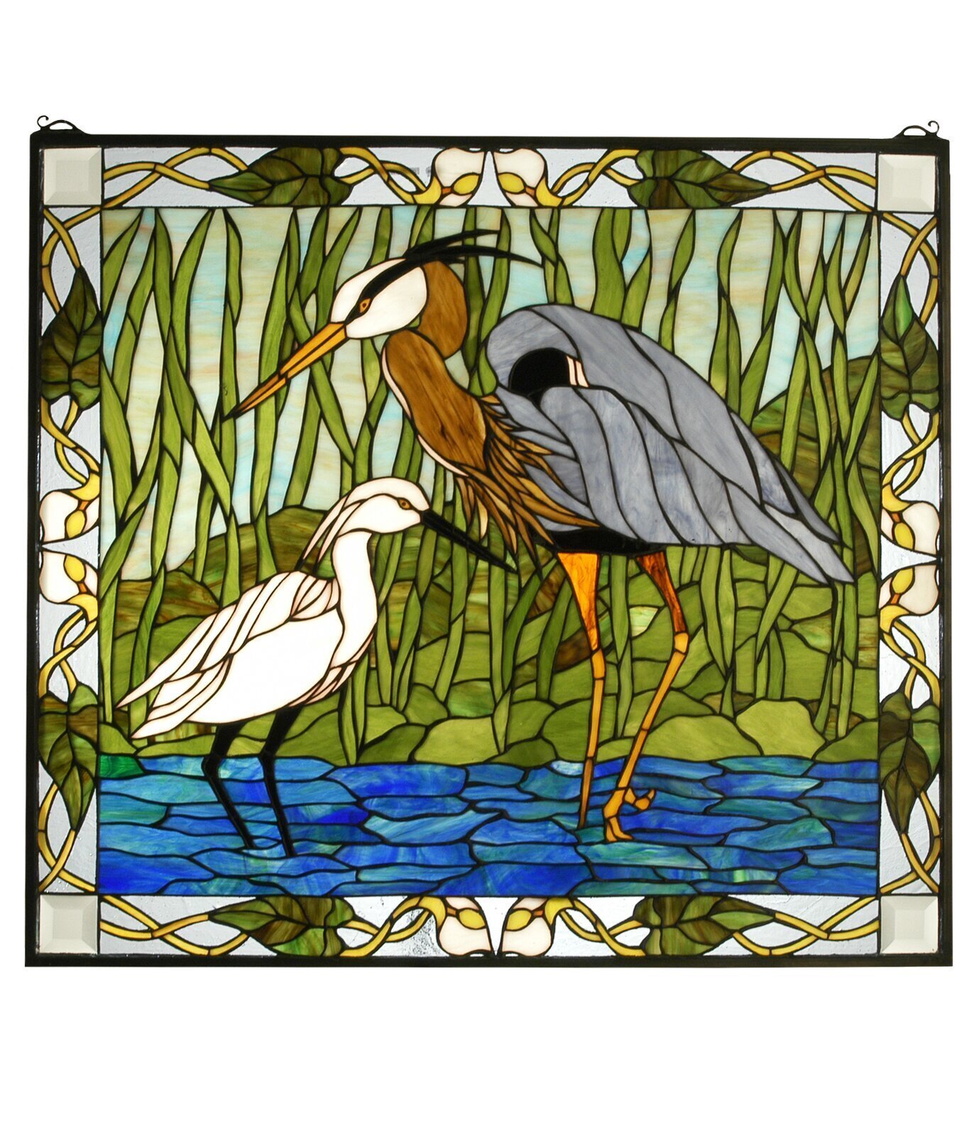Blue Heron and Snowy Egret Stained Glass Window Panel