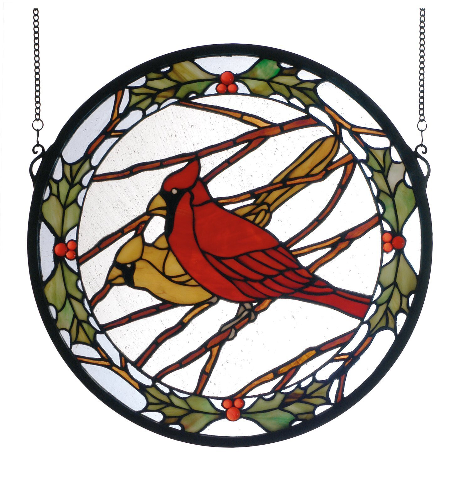 Cardinals and Holly Medallion Stained Glass Window