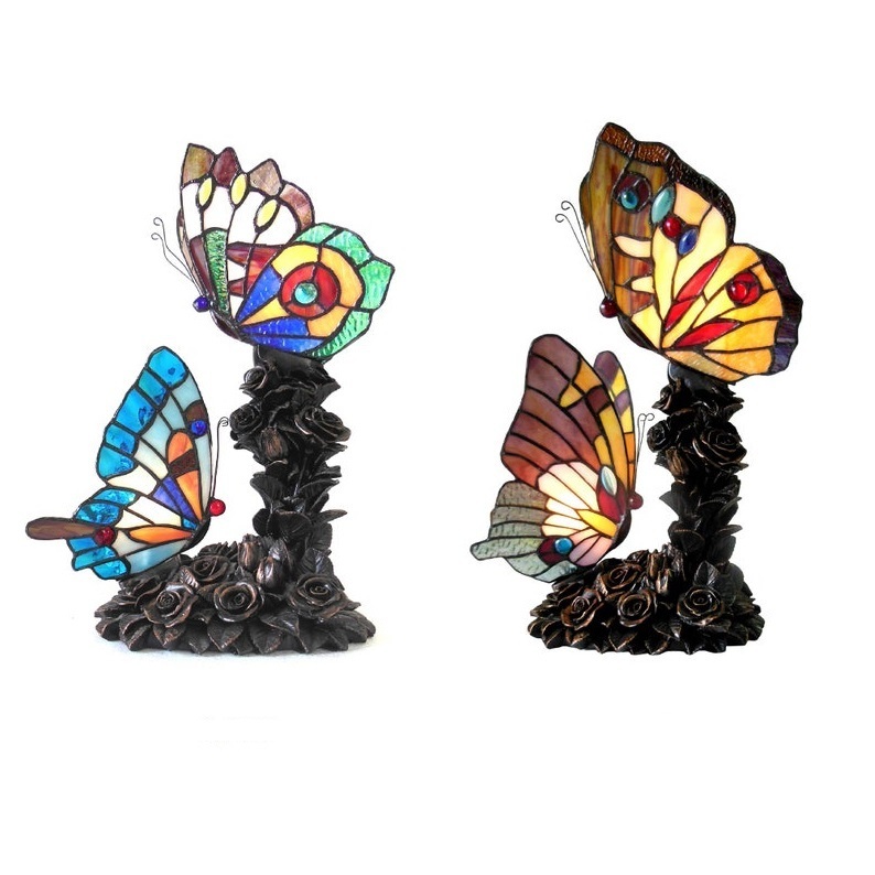 Double Butterfly Style Stained Glass Accent Table Lamp