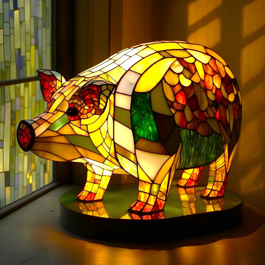 Pig - Handmade Stained Glass Table Lamp