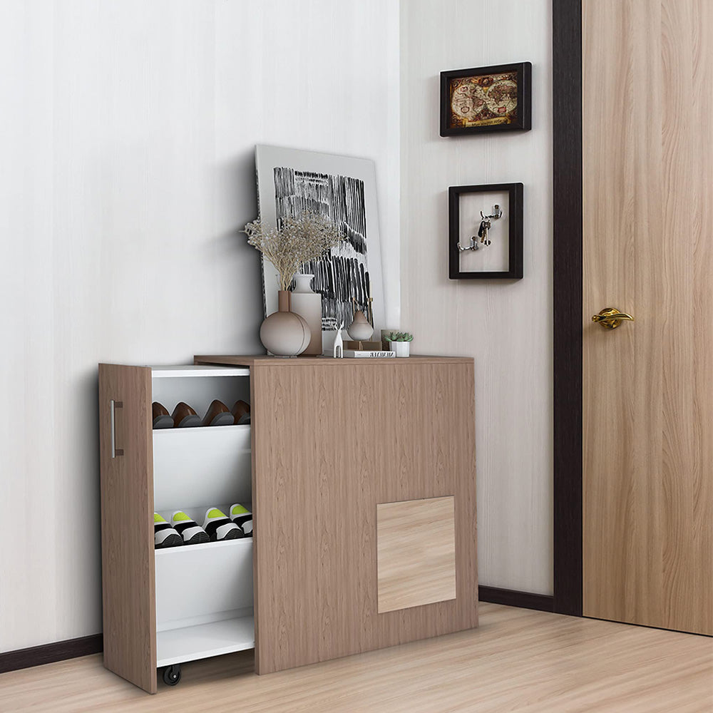 Modern Freestanding Wooden Shoe Storage Cabinet with Mirror