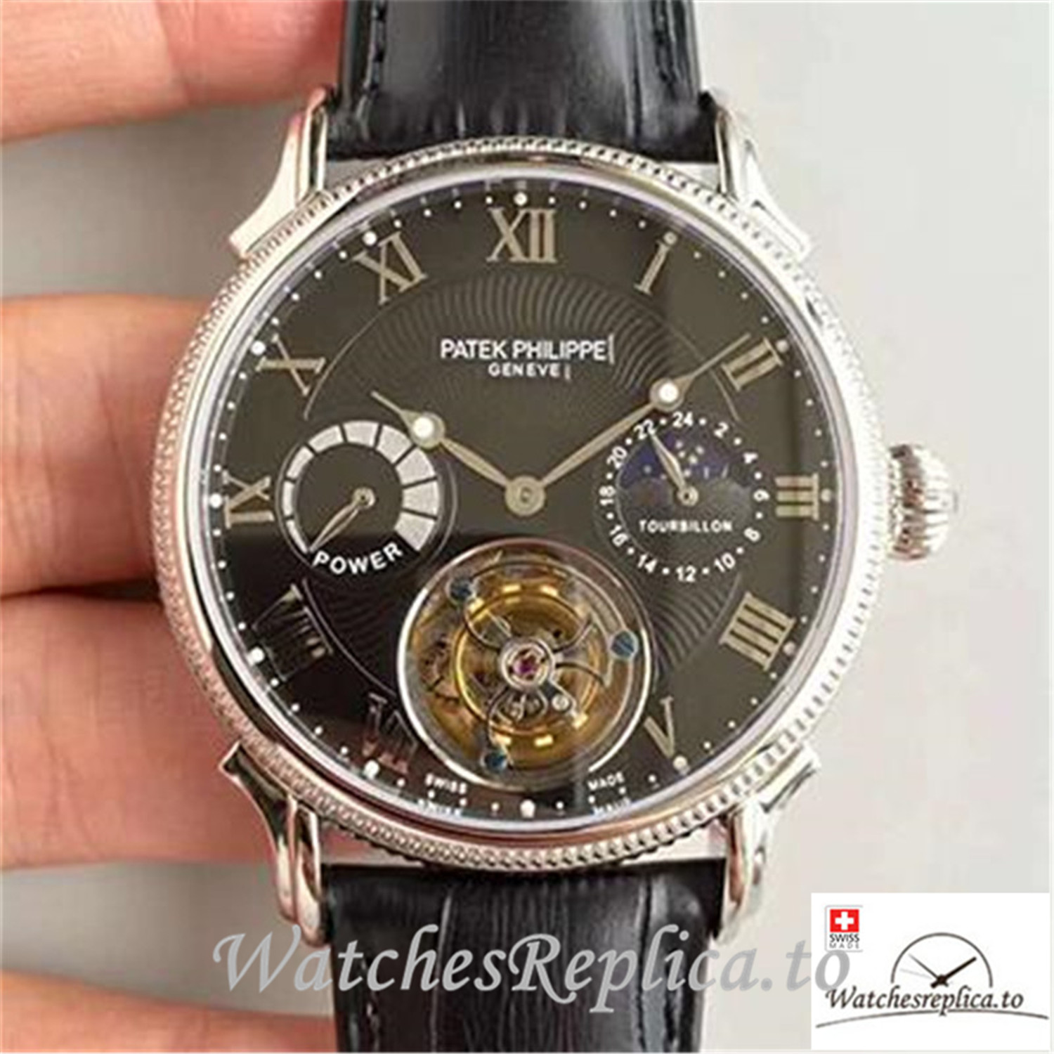Swiss Patek Philippe Tourbillon Moonphase Replica Black Strap 42MM - Replica Watches Shop