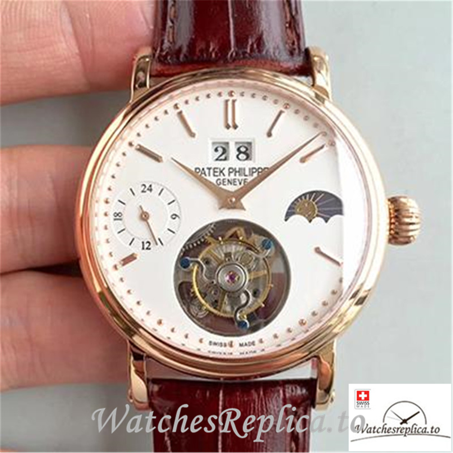 Swiss Patek Philippe Tourbillon Moonphase 24H Power Reserve Replica Brown Strap 42MM - Replica Watches Shop