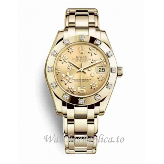 Replica Rolex Pearlmaster m81318-0037 34MM Yellow Gold strap Ladies Watch - Replica Watches Shop