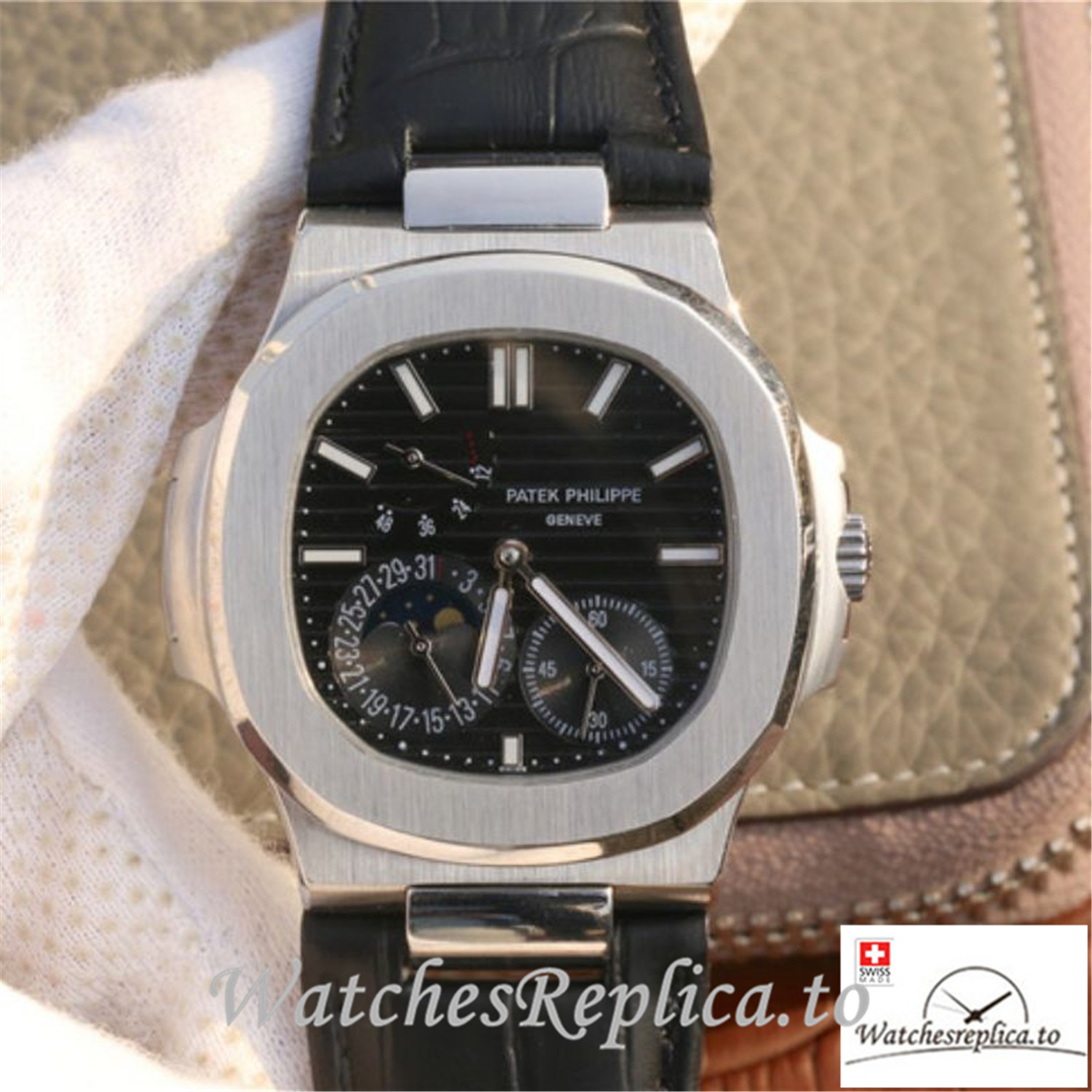 Swiss Patek Philippe Nautilus Moonphase Replica 5712G-001 Black Strap 40MM - Replica Watches Shop