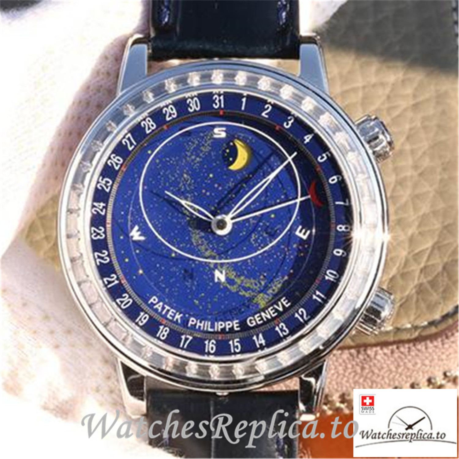 Swiss Patek Philippe Grand Complications Sky Moon Celestial Replica 6102P-001 Black Strap 43MM - Replica Watches Shop