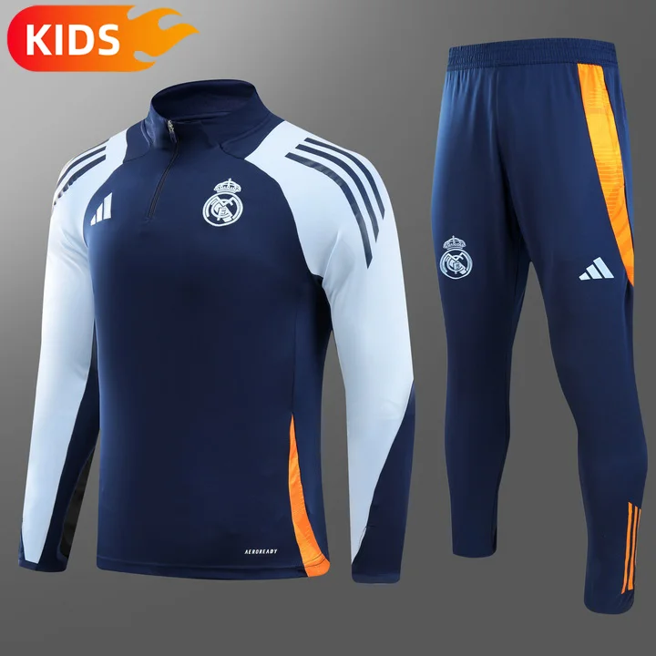 2024/2025 Real Madrid Half-Pull Training Wear Blue Football Shirt Kids Size