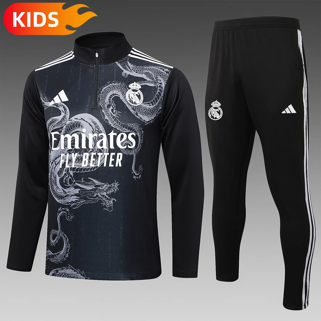 2024/2025 Real Madrid Half-Pull Training Wear Black Football Shirt Kids Size