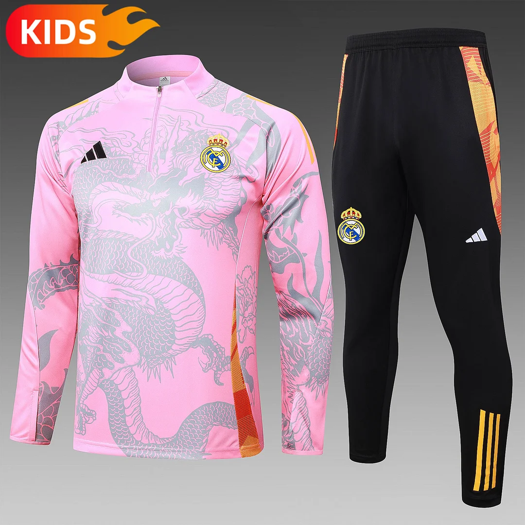 2024/2025 Real Madrid Half-Pull Training Wear Pink Football Shirt Kids Size