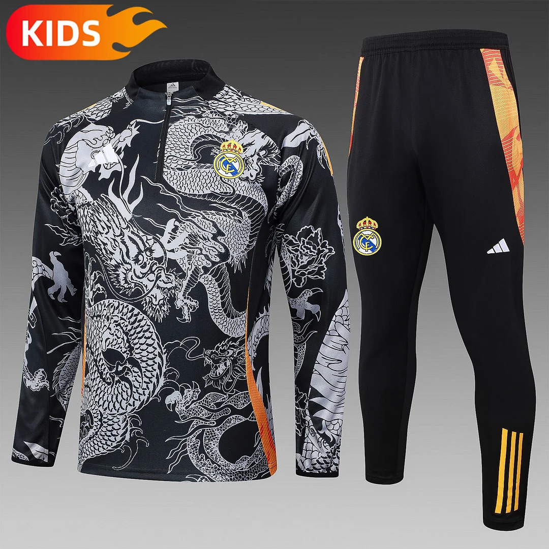 2024/2025 Real Madrid Half-Pull Training Wear Black Football Shirt Kids Size