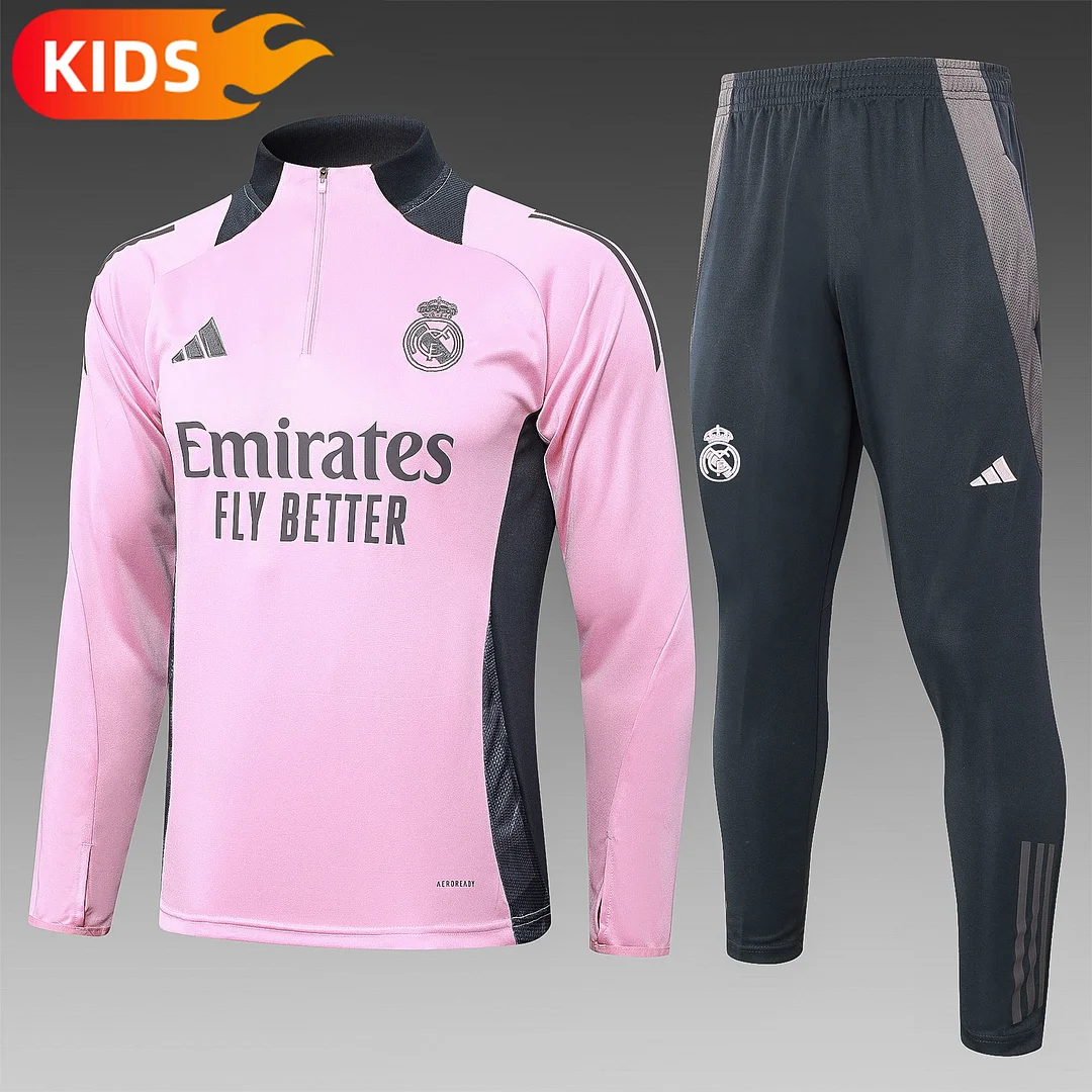 2024/2025 Real Madrid Half-Pull Training Wear Pink Football Shirt Kids Size
