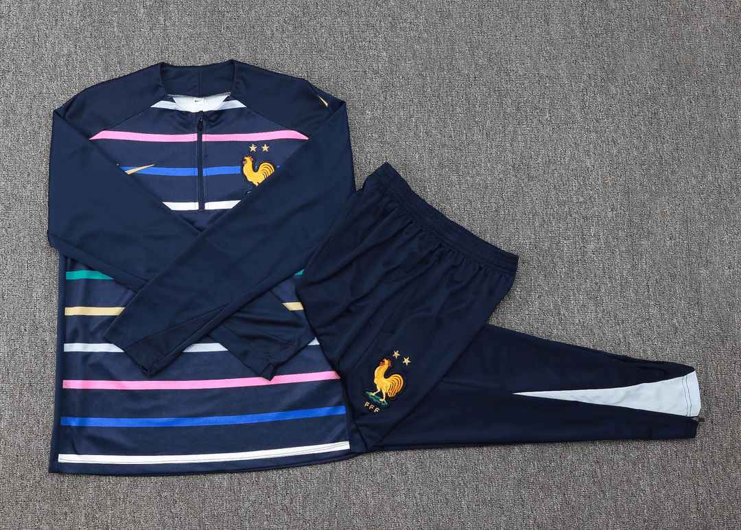 2024/2025 France Half-Pull Training Wear Royal Blue Stripes Football Shirt Kids Size