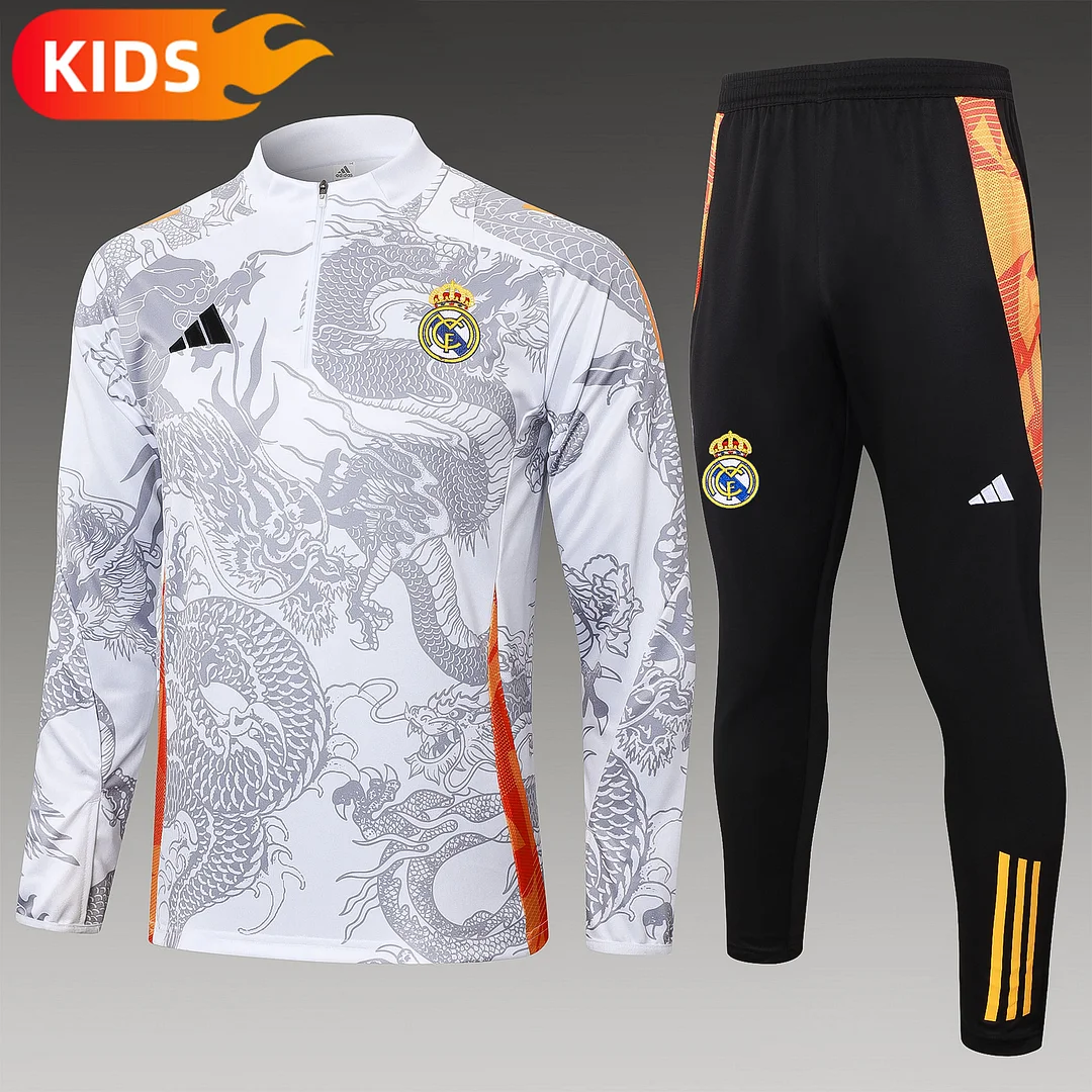 2024/2025 Real Madrid Half-Pull Training Wear White Football Shirt Kids Size
