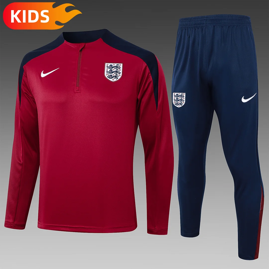 2024/2025 England Half-Pull Training Wear Red Football Shirt Kids Size
