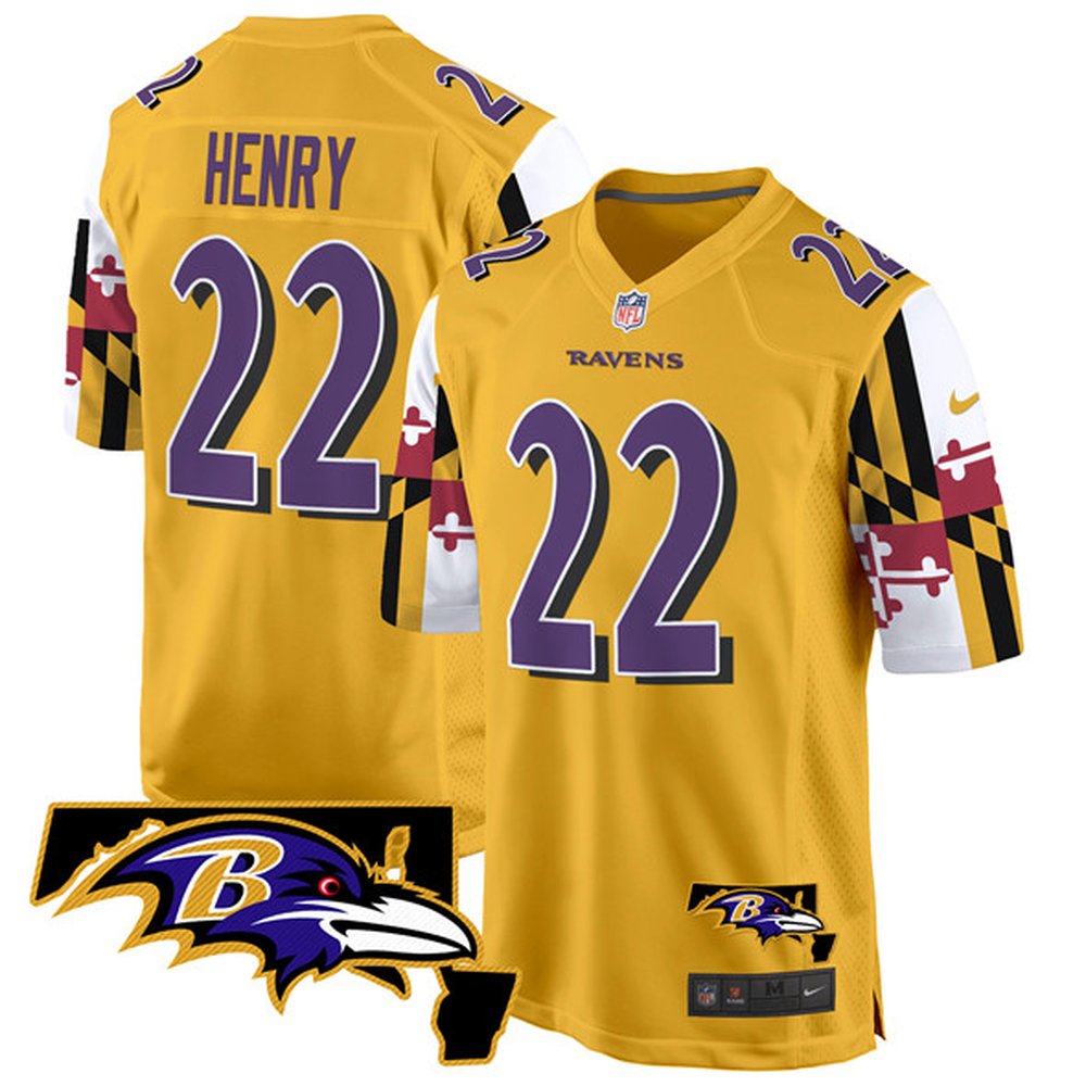 Youth Baltimore Ravens #22 Derrick Henry Gold 2025 Maryland Flag Vapor Limited Football Game Jersey
