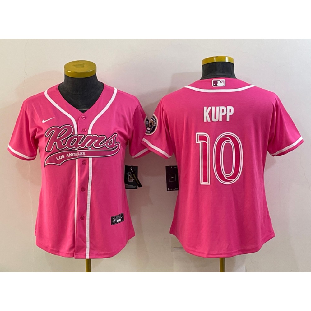 Women's Los Angeles Rams #10 Cooper Kupp Pink With Patch Cool Base Stitched Baseball Jersey(Run Small)