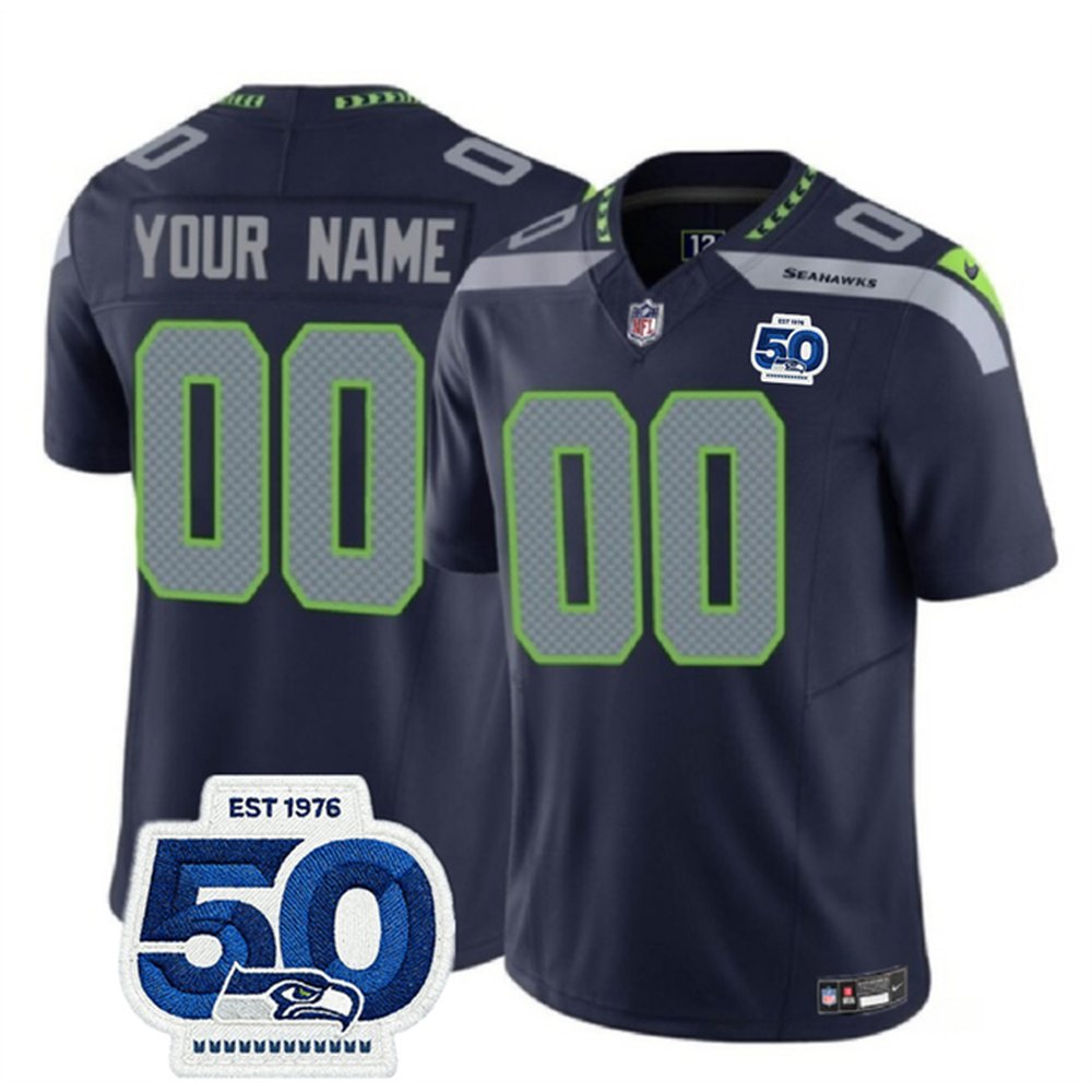 Youth Seattle Seahawks Active Player Custom Navy 2025 F.U.S.E. 50th Anniversary Patch Vapor Untouchable Limited Stitched Football Jersey