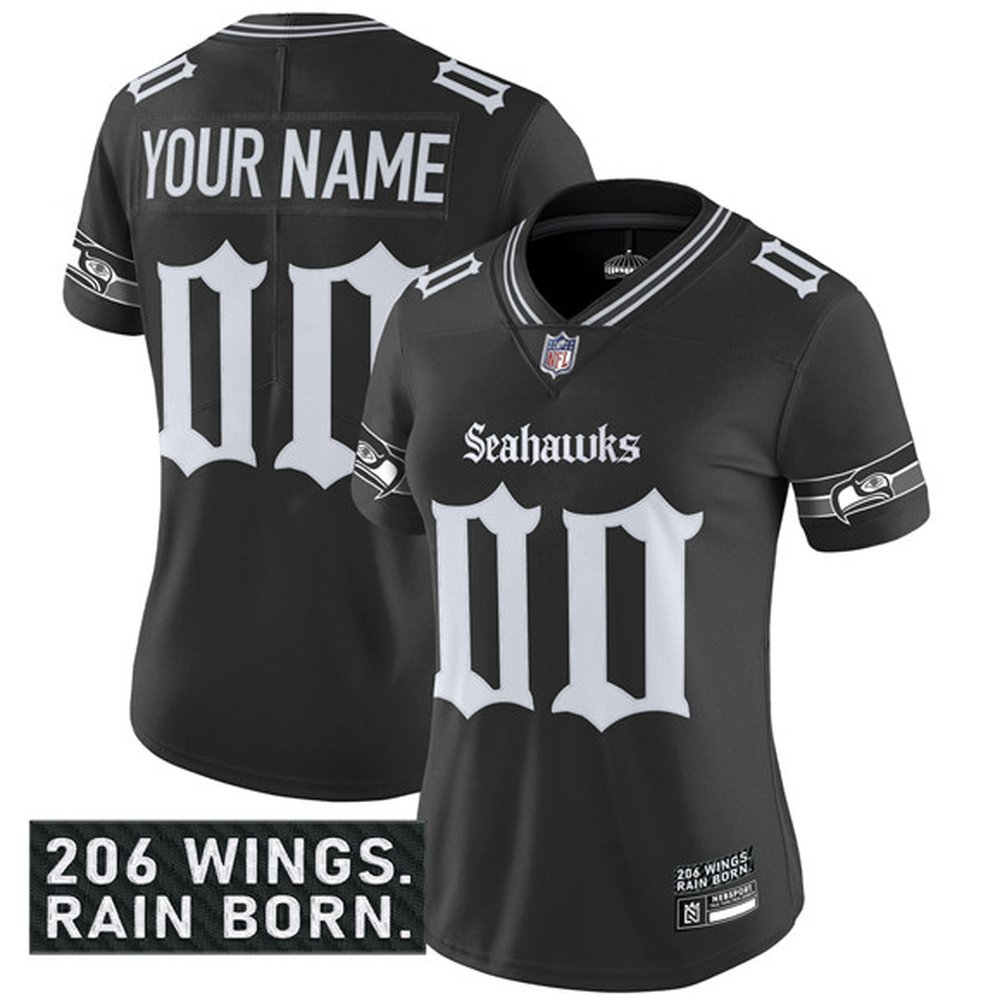 Women's Seattle Seahawks Active Player Custom Black 2025 F.U.S.E. 'Gothic Rain City Shadows Edition' Vapor Untouchable Limited Stitched Football Jersey