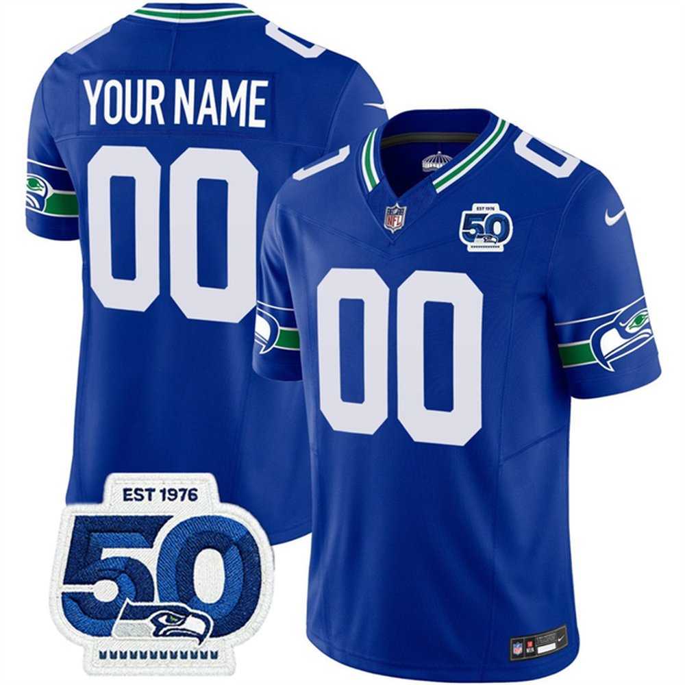 Men's Seattle Seahawks Active Player Custom Royal 2025 F.U.S.E 50th Anniversary Patch Throwback Vapor Limited Stitched Football Jersey