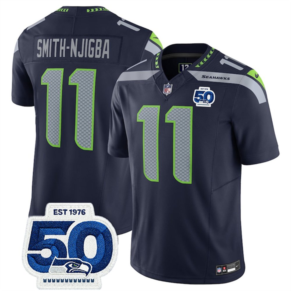 Men's Seattle Seahawks #11 Jaxon Smith-Njigba Navy 2025 F.U.S.E. 50th Anniversary Patch Vapor Untouchable Limited Stitched Football Jersey