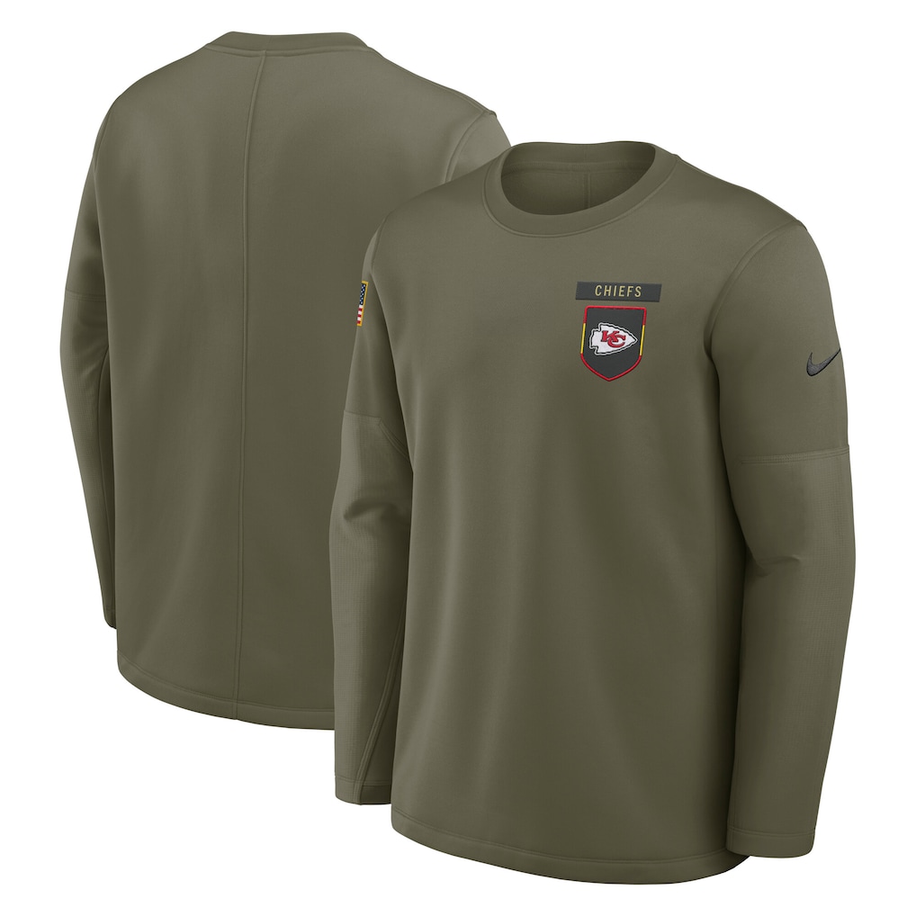 Men's Kansas City Chiefs Nike Olive 2025 Salute to Service Sideline Coaches Therma-FIT Long Sleeve Shirt