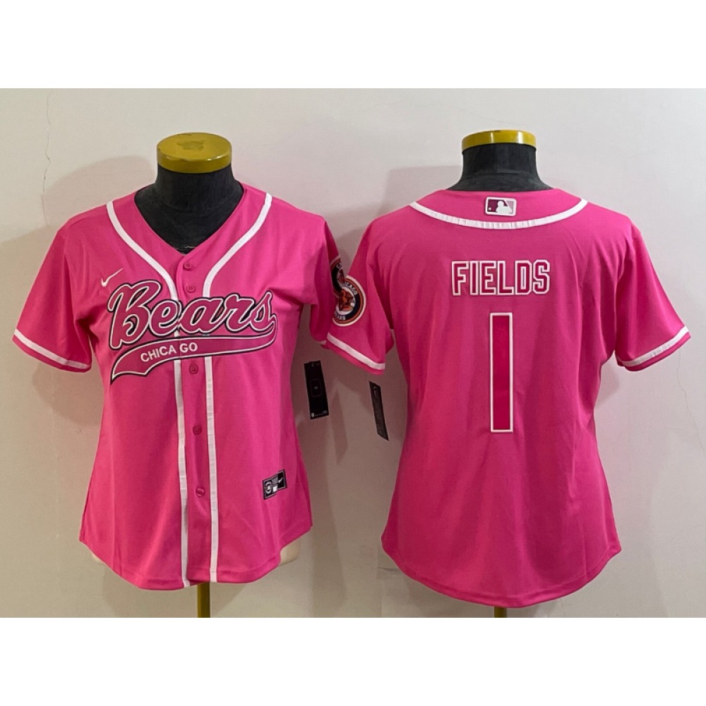 Women's Chicago Bears #1 Justin Fields Pink With Patch Cool Base Stitched Baseball Jersey(Run Small)