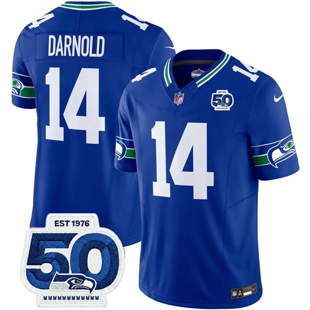 Youth Seattle Seahawks #14 Sam Darnold Royal 2025 F.U.S.E 50th Anniversary Patch Throwback Vapor Limited Stitched Football Jersey