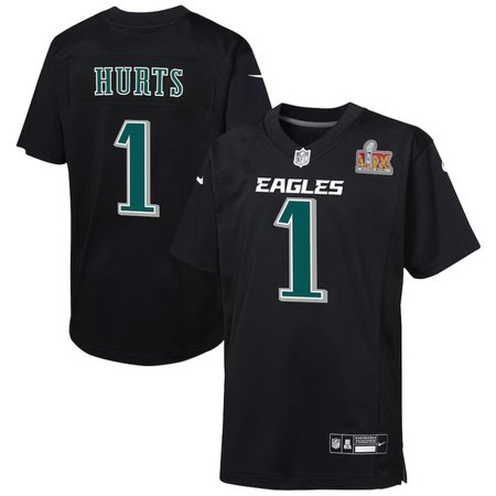 Youth Philadelphia Eagles #1 Jalen Hurts  Carbon Black Super Bowl LIX Patch Fashion Game Player Jersey