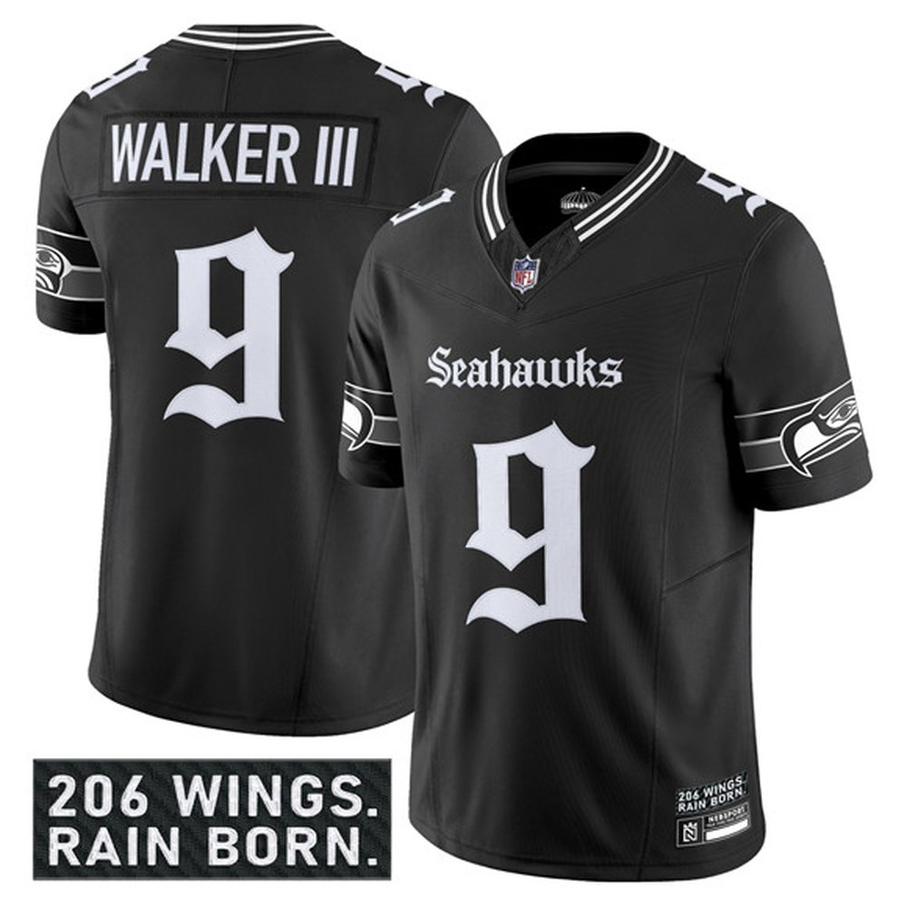 Men's Seattle Seahawks #9 Kenneth Walker III Black 2025 F.U.S.E. 'Gothic Rain City Shadows Edition' Vapor Limited Stitched Football Jersey
