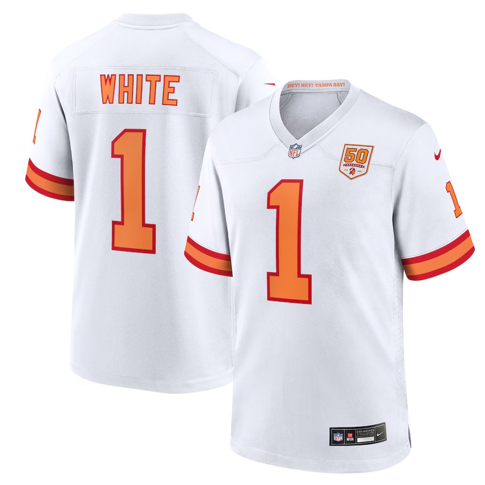 Youth '76 Tampa Bay Buccaneers #1 Rachaad White Nike White 50th Season Game Jersey