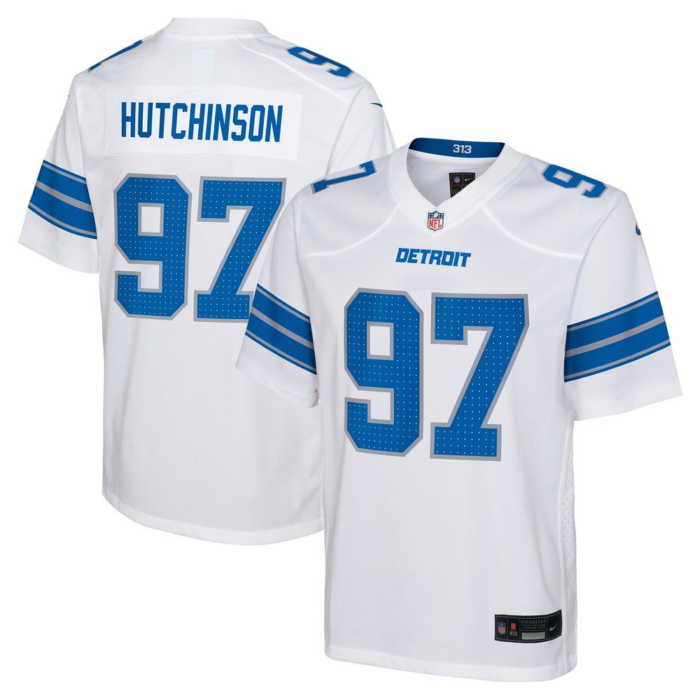 Youth Detroit Lions #97 Aidan Hutchinson  White Player Game Jersey