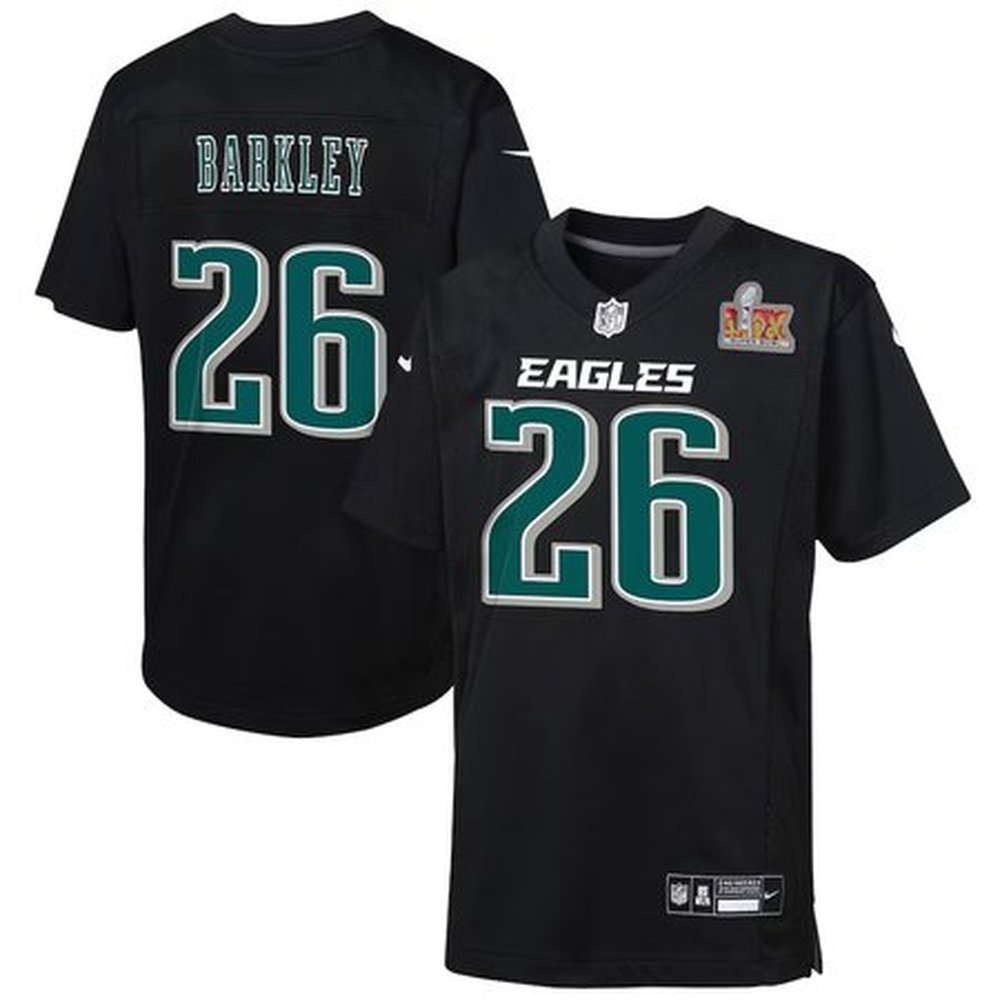 Youth Philadelphia Eagles #26 Saquon Barkley  Carbon Black Super Bowl LIX Patch Fashion Game Player Jersey