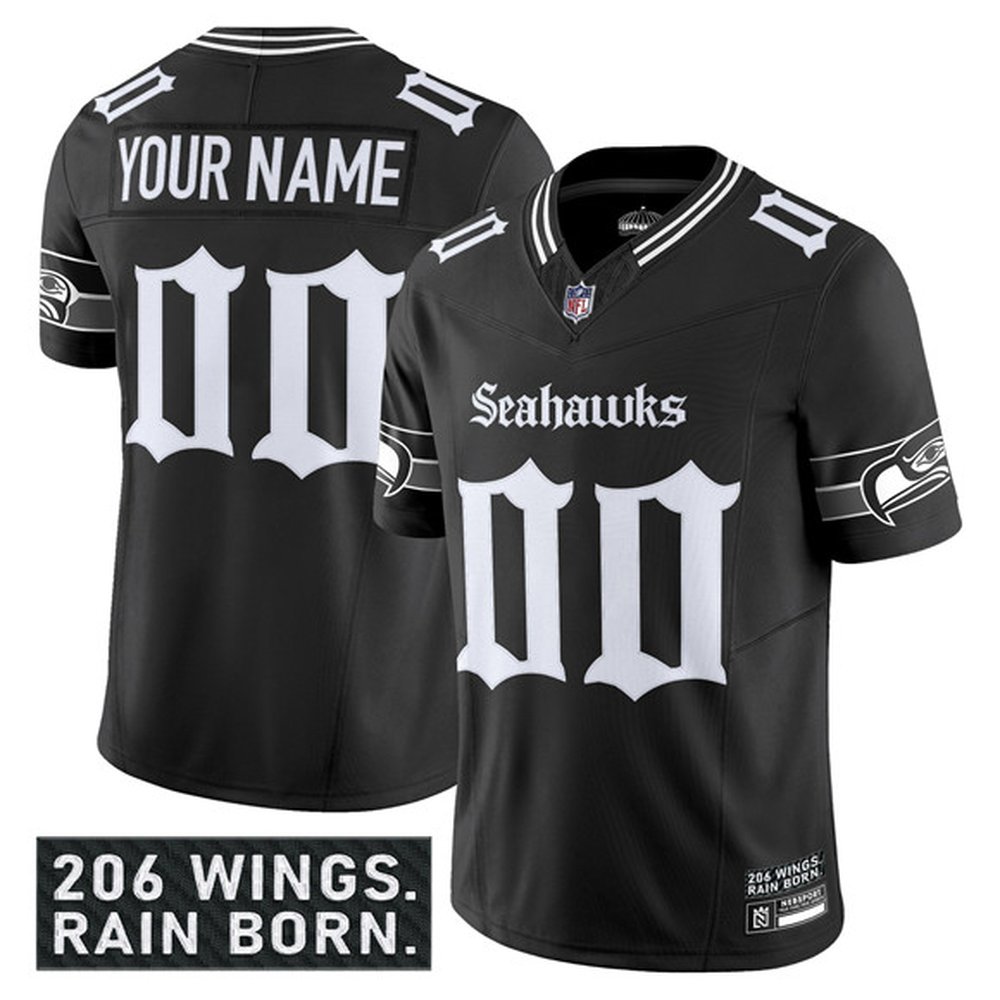Men's Seattle Seahawks Active Player Custom Black 2025 F.U.S.E. 'Gothic Rain City Shadows Edition' Vapor Limited Stitched Football Jersey