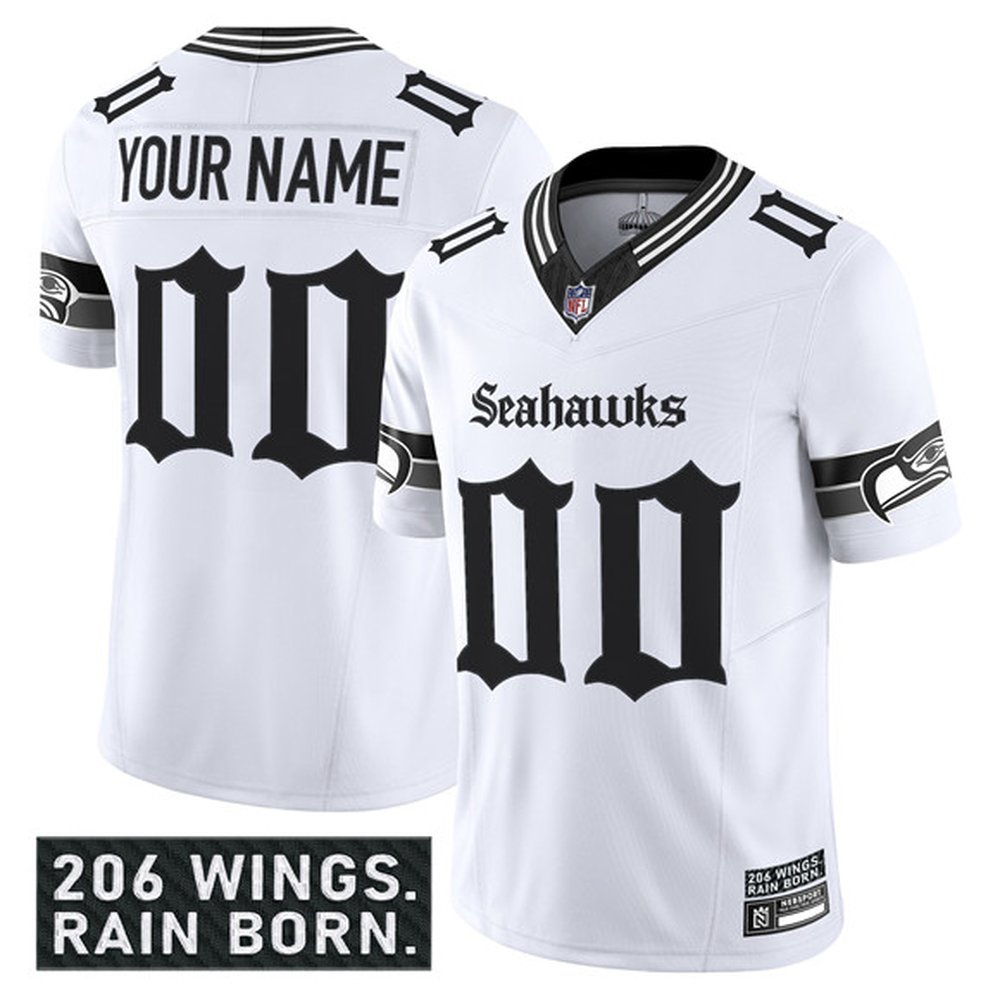 Men's Seattle Seahawks Active Player Custom White 2025 F.U.S.E. 'Gothic Rain City Shadows Edition' Vapor Limited Stitched Football Jersey