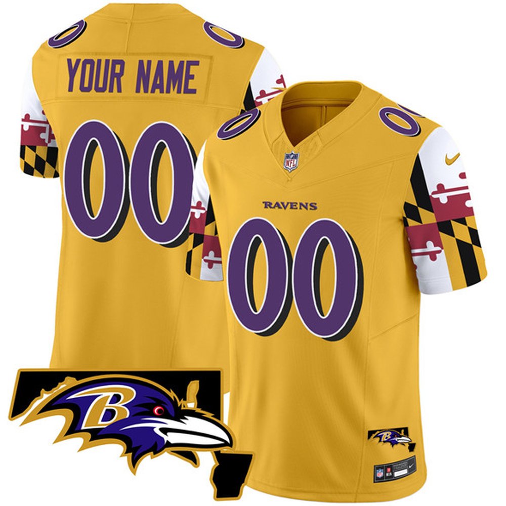 Men's Baltimore Ravens Active Player Custom Gold 2025 F.U.S.E. Maryland Flag V2 Vapor Limited Football Jersey