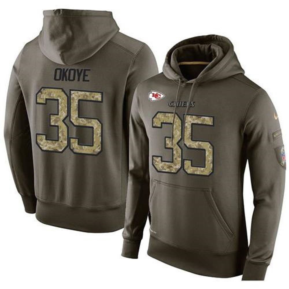 NFL Men's  Kansas City Chiefs #35 Christian Okoye Stitched Green Olive Salute To Service KO Performance Hoodie