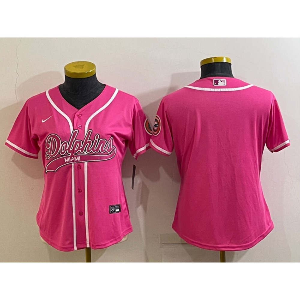 Women's Miami Dolphins Blank Pink With Patch Cool Base Stitched Baseball Jersey(Run Small)