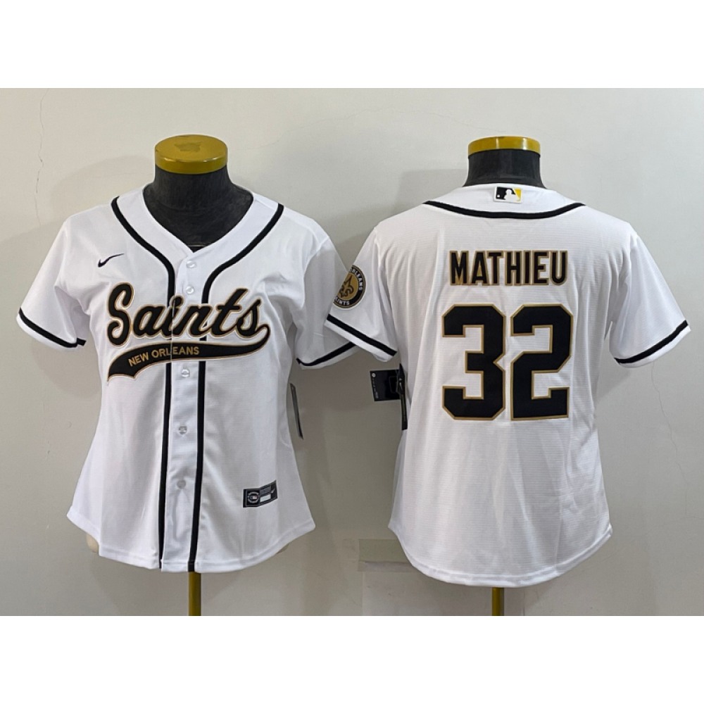 Women's New Orleans Saints #32 Tyrann Mathieu White With Patch Cool Base Stitched Baseball Jersey(Run Small)