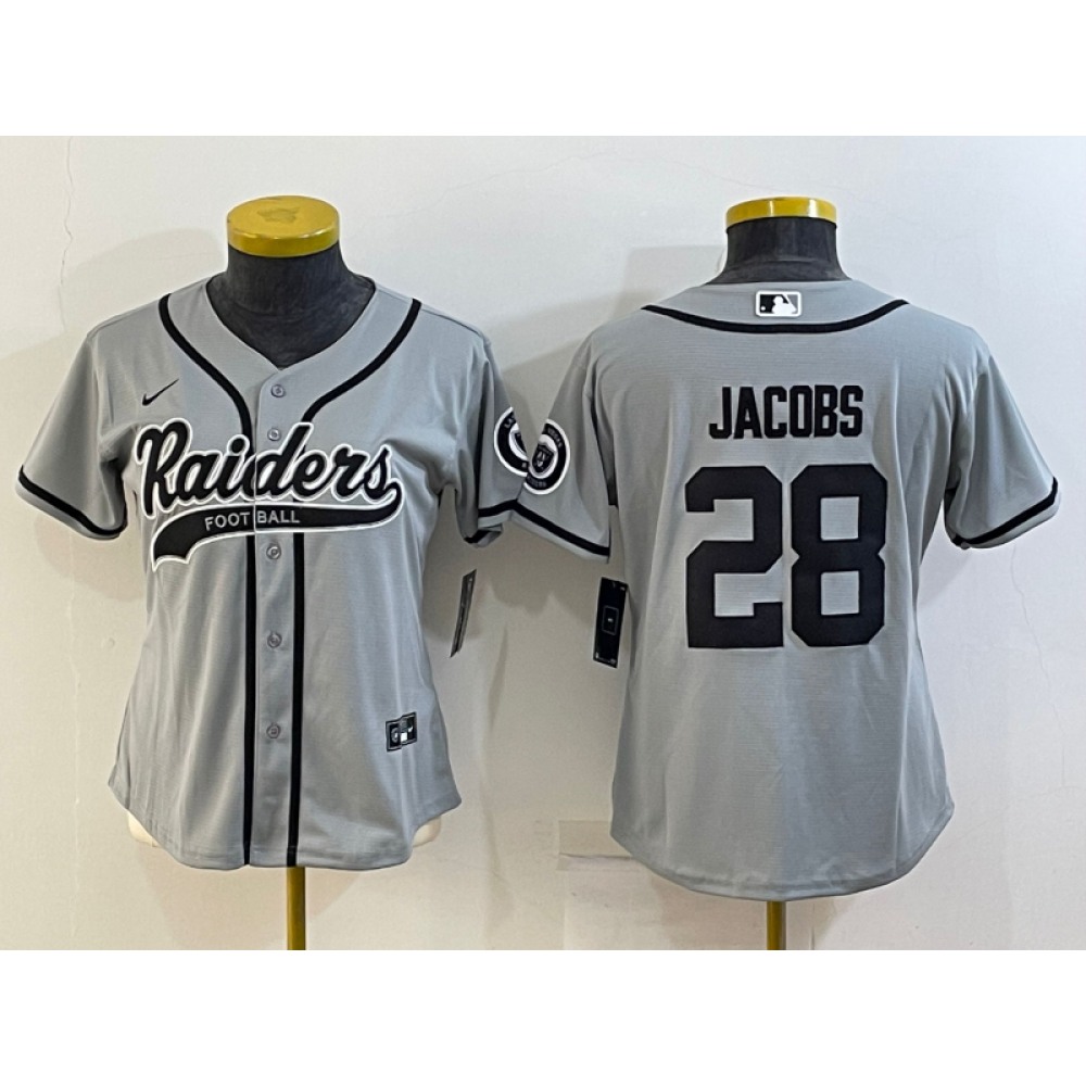 Women's Las Vegas Raiders #28 Josh Jacobs Grey With Patch Cool Base Stitched Baseball Jersey(Run Small)